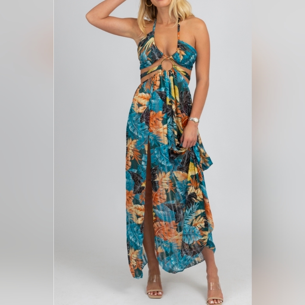 TEAL TROPICAL HIGH SLIT MAXI COVER UP
